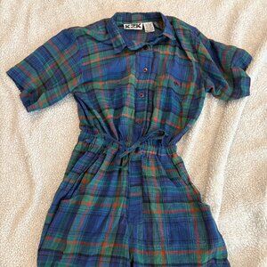 Blue Tartan Cotton Romper – Size S – Vintage Vibe